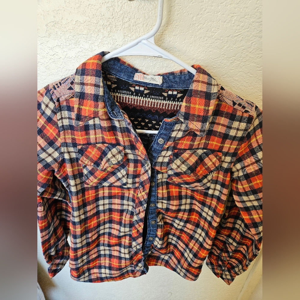 Miss Me Classic Cowgirl Size S Flannel Jean Button Up Shirt With Frony